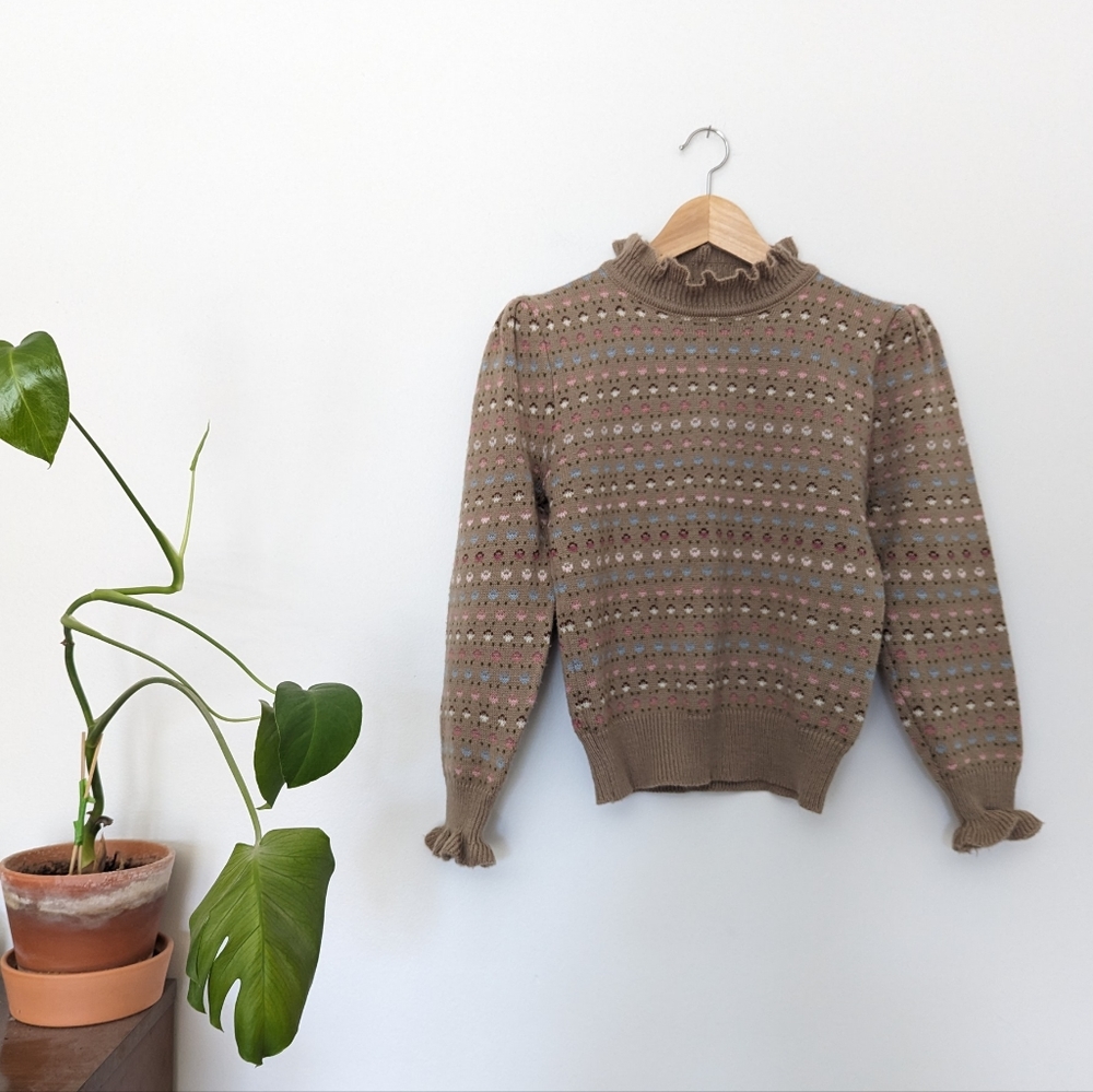 Vintage 80s Tan Floral Ruffle Neck Puff Sleeve Sweater